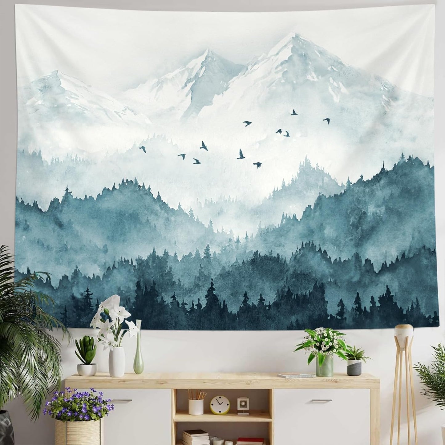 kampdream Mountain Forest Tapestry, Misty Foggy Sage Green Tree Landscape Watercolor Art Wall Tapestries, Nature Scenery Tapestry for Bedroom Living Room Backdrop 68×90 inch