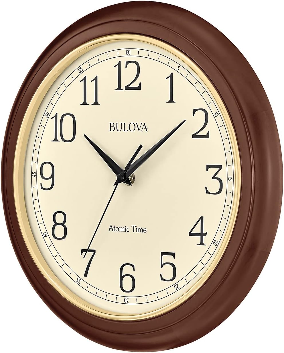 Bulova Atomic Time 2 Analog Wall Clock C5004 | 12.4" Wooden Frame, Sets Time Automatically | Quartz Movement | Battery Operated | Classic Design