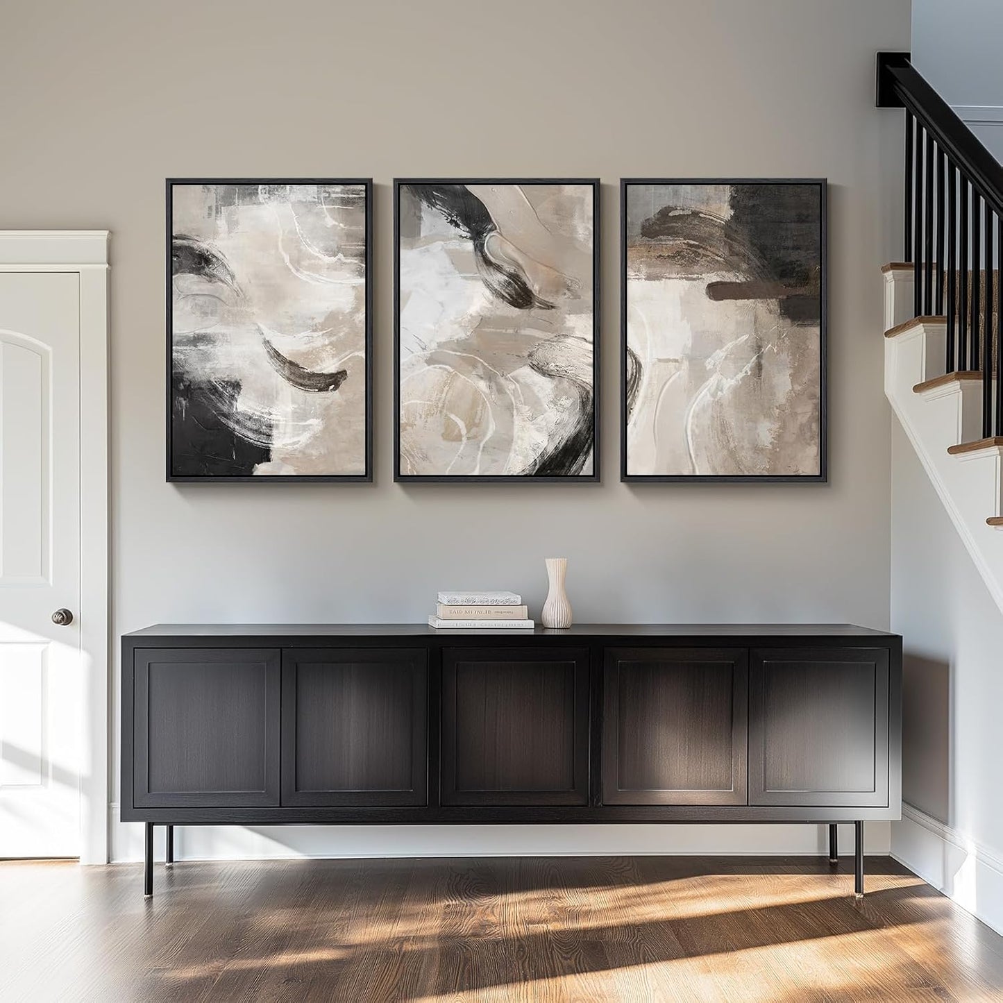 Large Framed Neutral Abstract Wall Art for Living Room, 3 Piece Modern Canvas Prints Paintings Artwork for Walls, Black Beige Brown Neutral Tone Pictures for Hallway Bedroom Office Wall Decor 24x36 In