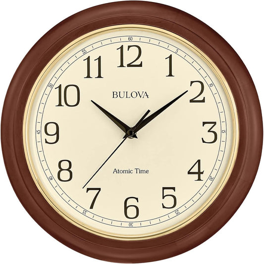 Bulova Atomic Time 2 Analog Wall Clock C5004 | 12.4" Wooden Frame, Sets Time Automatically | Quartz Movement | Battery Operated | Classic Design