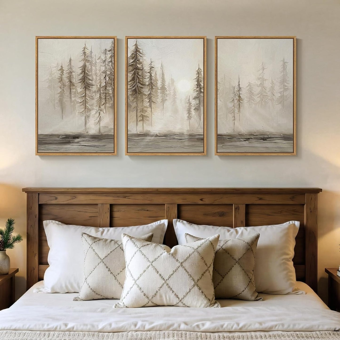 Framed Netural Wall Art for Living Room, Large 3 Piece Abstract Pastel Grunge Forest Landscape Tree Canvas Artwork Set, Modern Art Decorative Nordic Painting Picture Prints for Hallway Office 24x36 In