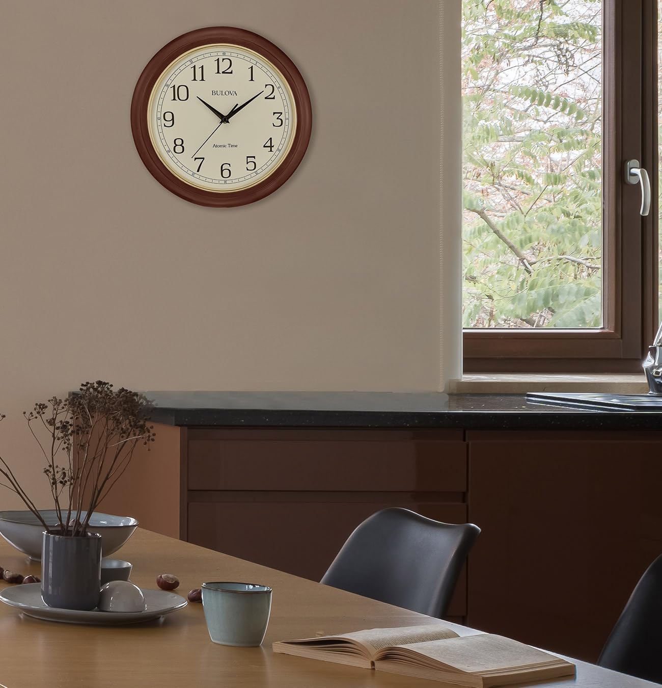 Bulova Atomic Time 2 Analog Wall Clock C5004 | 12.4" Wooden Frame, Sets Time Automatically | Quartz Movement | Battery Operated | Classic Design