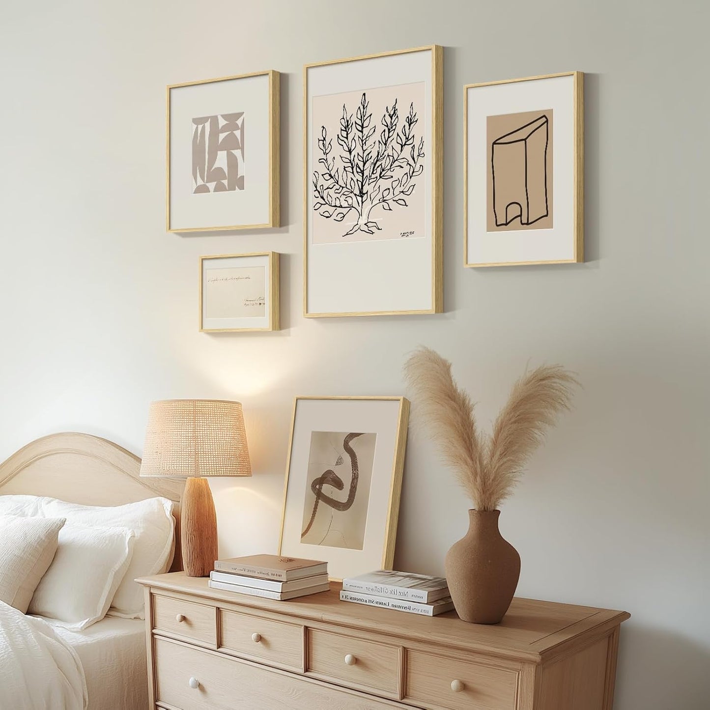 Framed Matisse Abstract Neutral Wall Art, 5 Piece Large Beige Canvas Prints Set, Modern Minimalist Geometric Botanical Paintings for Living Room, Bedroom, Hallway, Home Office, Guest Room