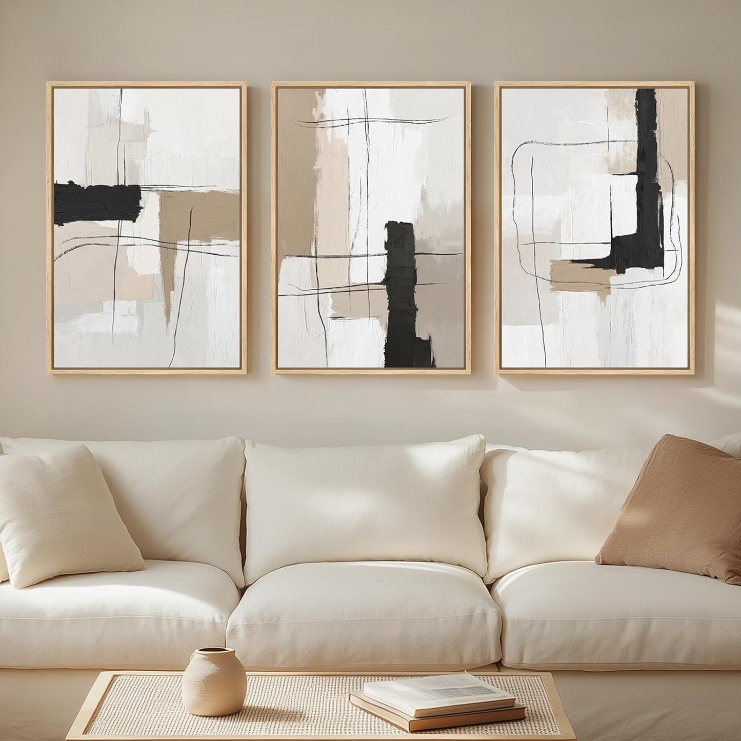 Large Framed Neutral Abstract Wall Art for Living Room, 3 Piece Modern Canvas Prints Paintings Artwork for Walls, Black Beige Brown Neutral Tone Pictures for Hallway Bedroom Office Wall Decor 24x36 In