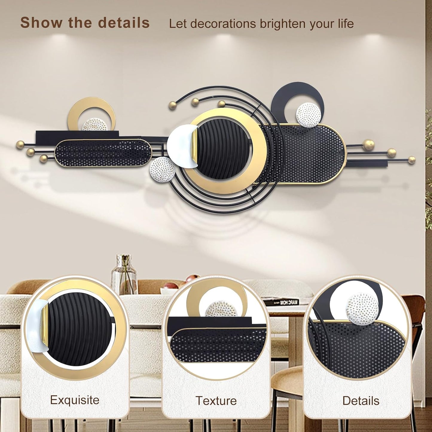 Wall Art ,Modern Creative Geometric Circular Metal Wall Sculptures, 58"×18" Large Black 3D Metal Wall Art Hanging Sculptures for Living Room Dining Room Bedroom, Home Decor for Apartment Bedroom