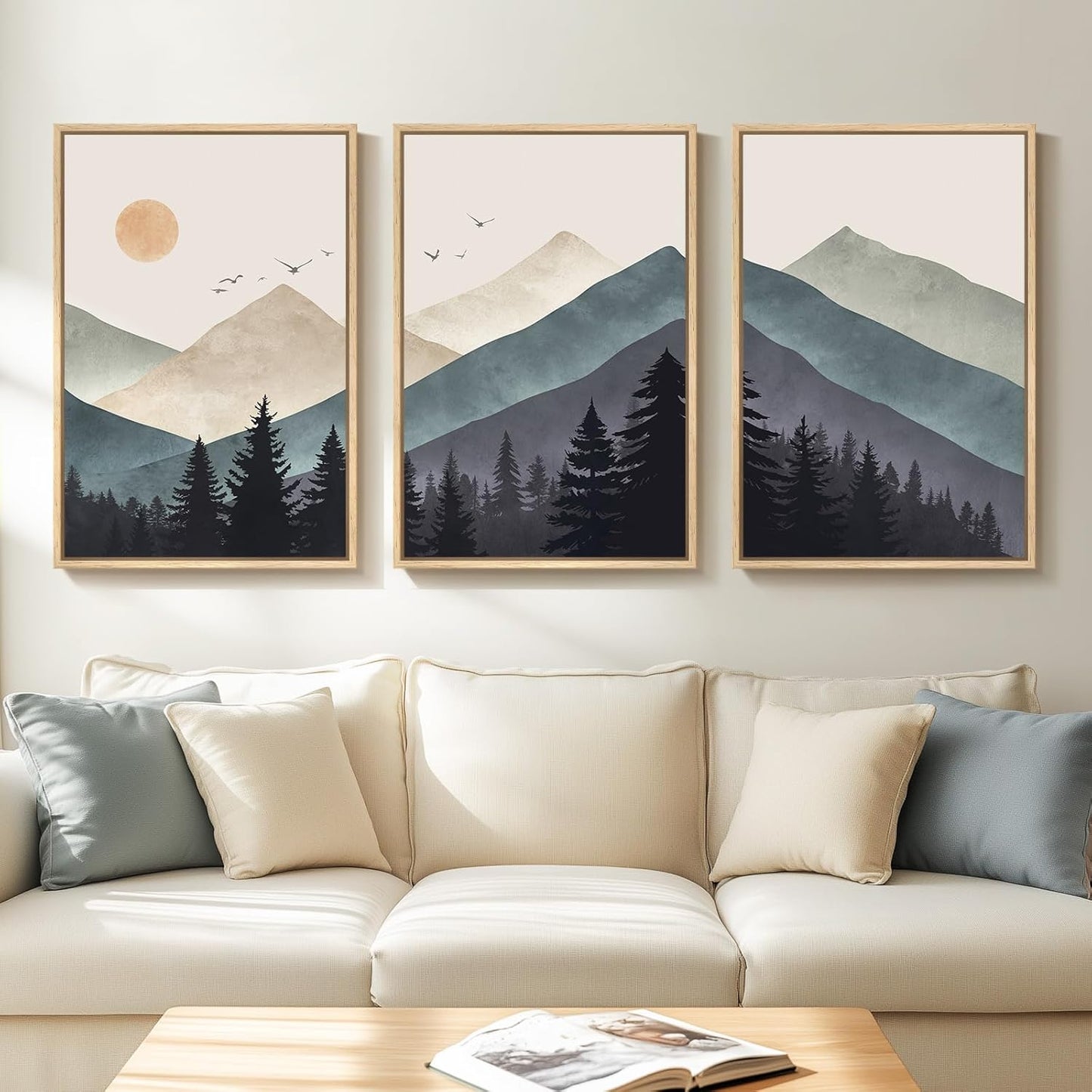 Framed Netural Wall Art for Living Room, Large 3 Piece Abstract Pastel Grunge Forest Landscape Tree Canvas Artwork Set, Modern Art Decorative Nordic Painting Picture Prints for Hallway Office 24x36 In