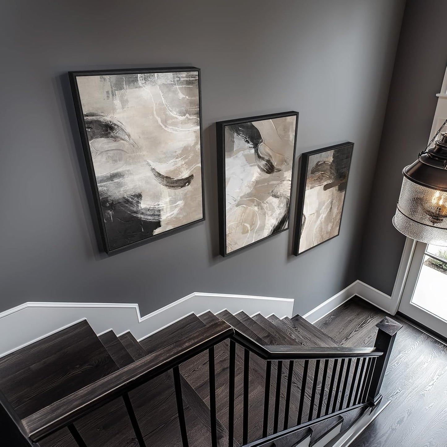 Large Framed Neutral Abstract Wall Art for Living Room, 3 Piece Modern Canvas Prints Paintings Artwork for Walls, Black Beige Brown Neutral Tone Pictures for Hallway Bedroom Office Wall Decor 24x36 In