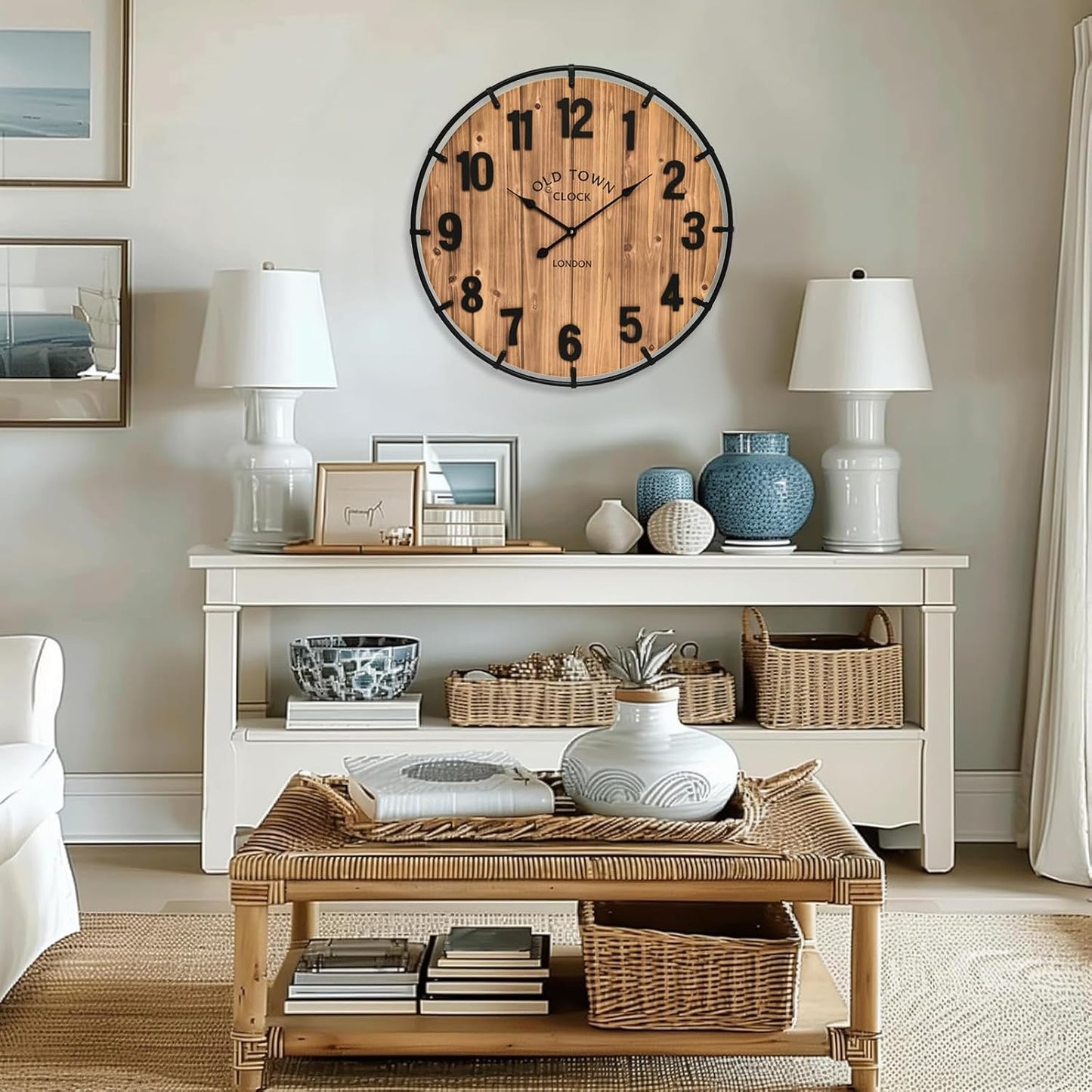 20 Inch Farmhouse Wall Clock Large Old Town Vintage Rustic Wooden Clock with Metal Rim and Large Numerals, Silent Battery-Operated for Office, Kitchen, Bedroom, and Living Room