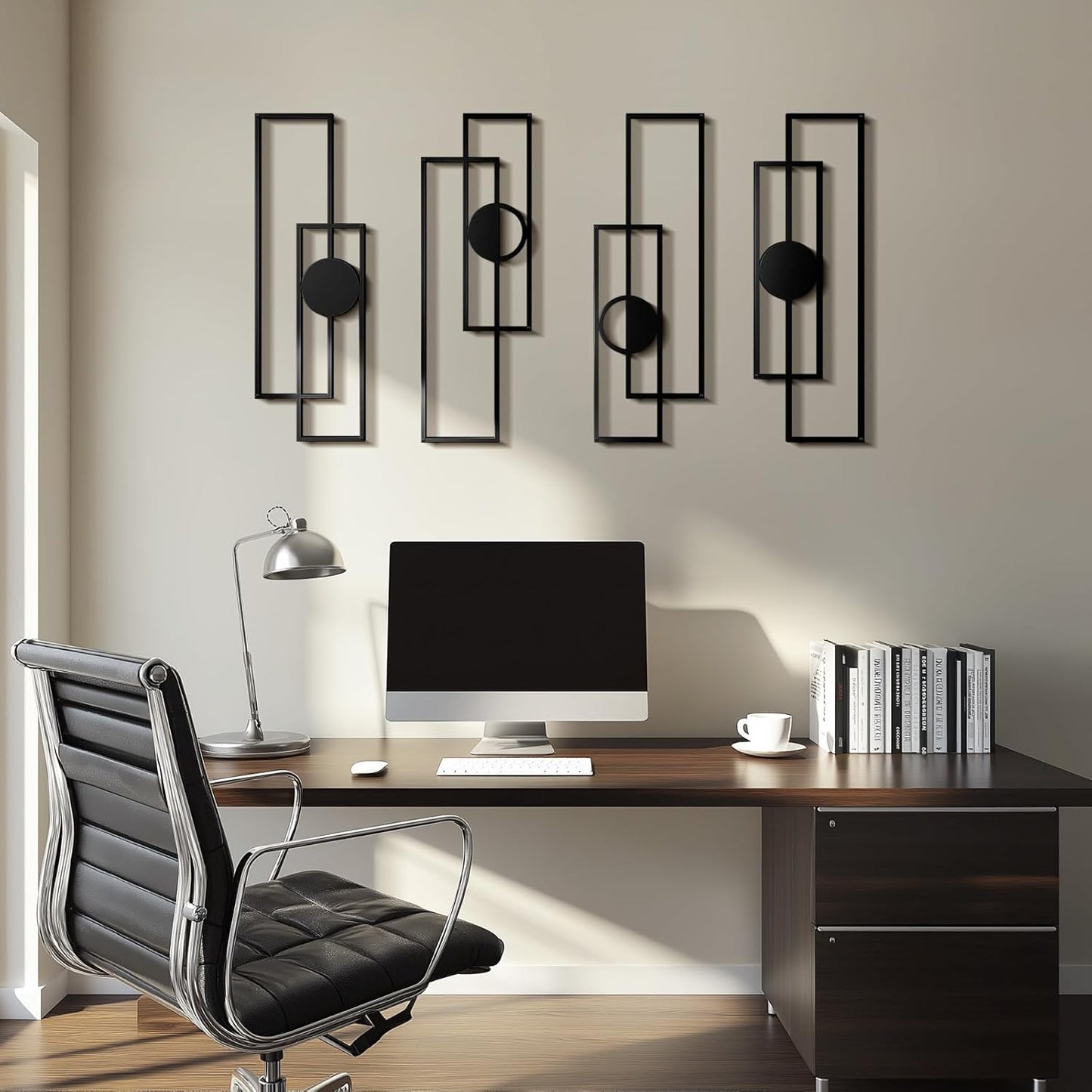 Abstract Black Metal Wall Art for Living Room, 4 Pack Large Wall Sculptures Minimalist Modern 3D Textured Geometric Metal Wall Decor for Bedroom Bathroom Kitchen Study