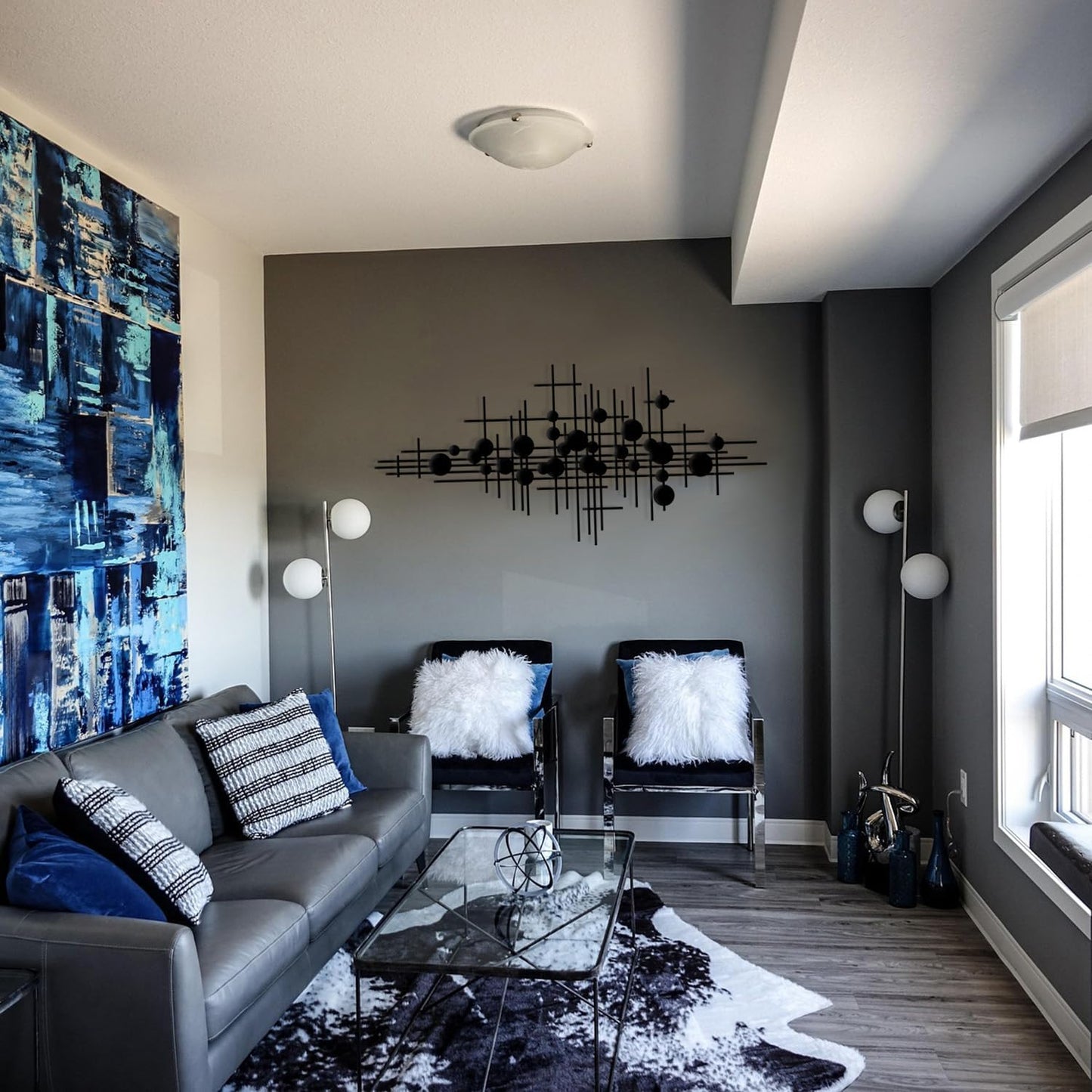 Rajukit Modern Geometric Abstract Metal Wall Art – Black Wall Decor – Large Metal Wall Sculpture for Living Room, Versatile Home Decor(33.9”*15.7”)