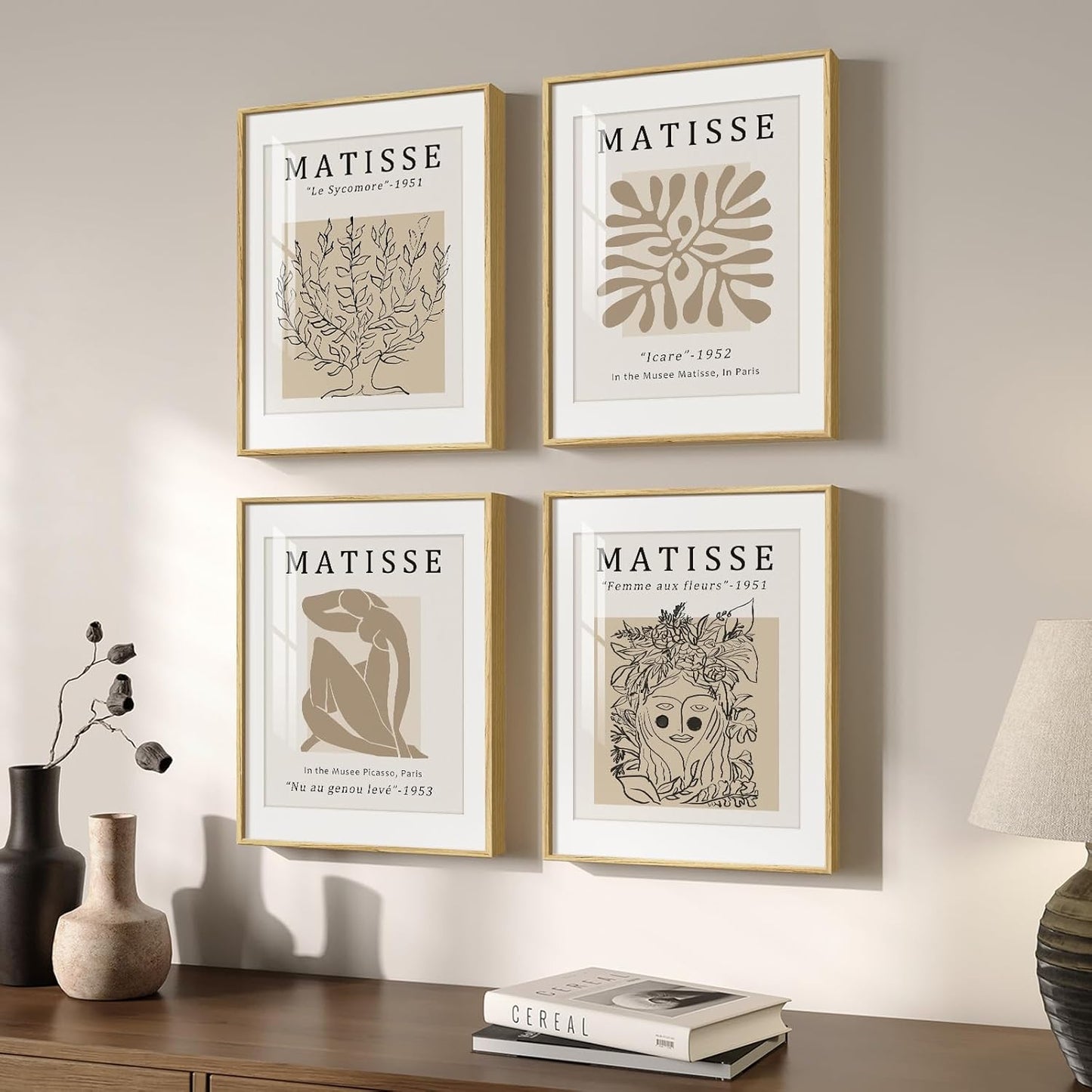 Framed Matisse Abstract Neutral Wall Art, 5 Piece Large Beige Canvas Prints Set, Modern Minimalist Geometric Botanical Paintings for Living Room, Bedroom, Hallway, Home Office, Guest Room