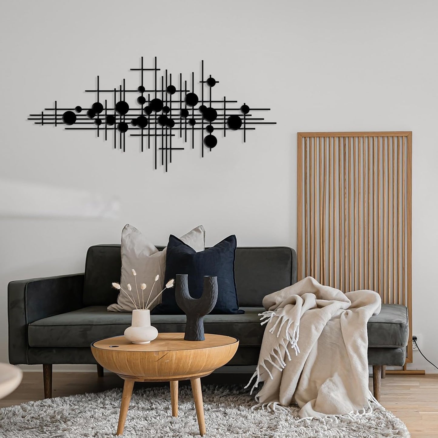 Rajukit Modern Geometric Abstract Metal Wall Art – Black Wall Decor – Large Metal Wall Sculpture for Living Room, Versatile Home Decor(33.9”*15.7”)