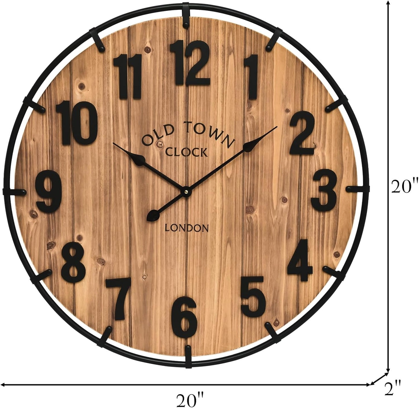 20 Inch Farmhouse Wall Clock Large Old Town Vintage Rustic Wooden Clock with Metal Rim and Large Numerals, Silent Battery-Operated for Office, Kitchen, Bedroom, and Living Room
