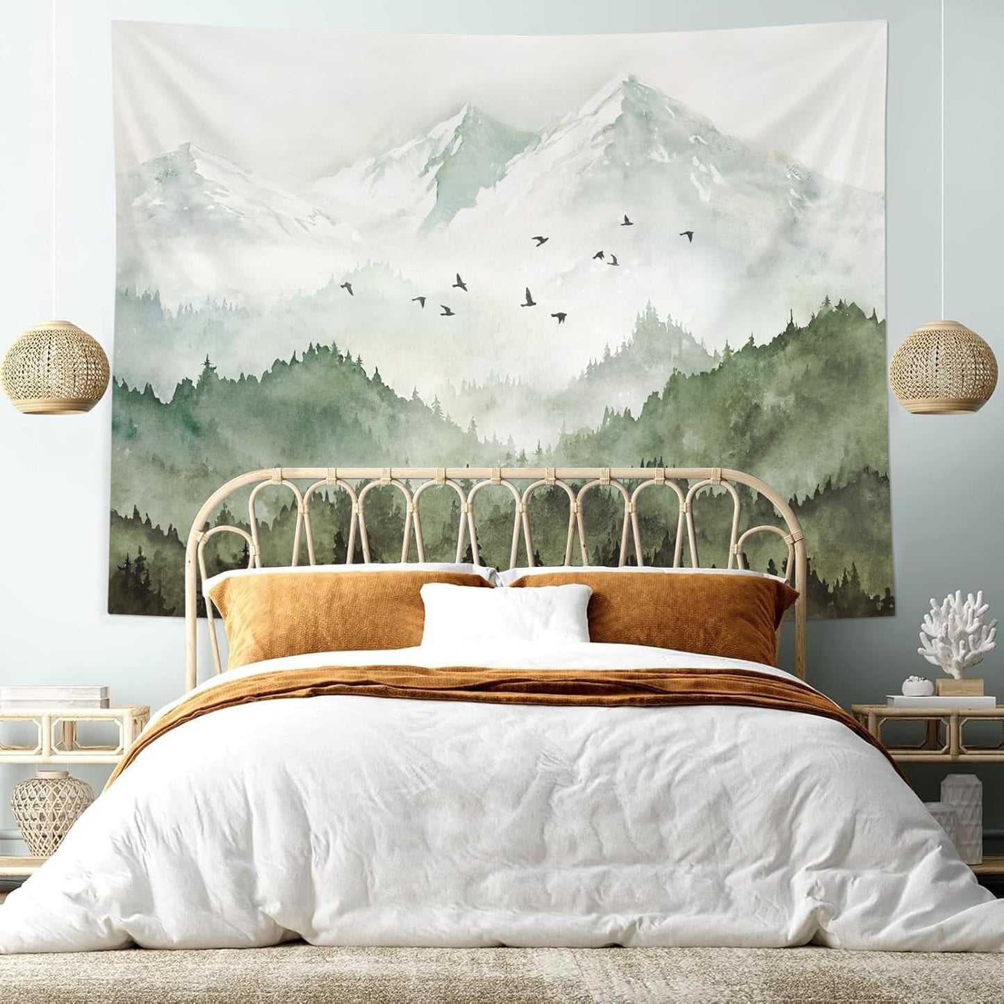kampdream Mountain Forest Tapestry, Misty Foggy Sage Green Tree Landscape Watercolor Art Wall Tapestries, Nature Scenery Tapestry for Bedroom Living Room Backdrop 68×90 inch