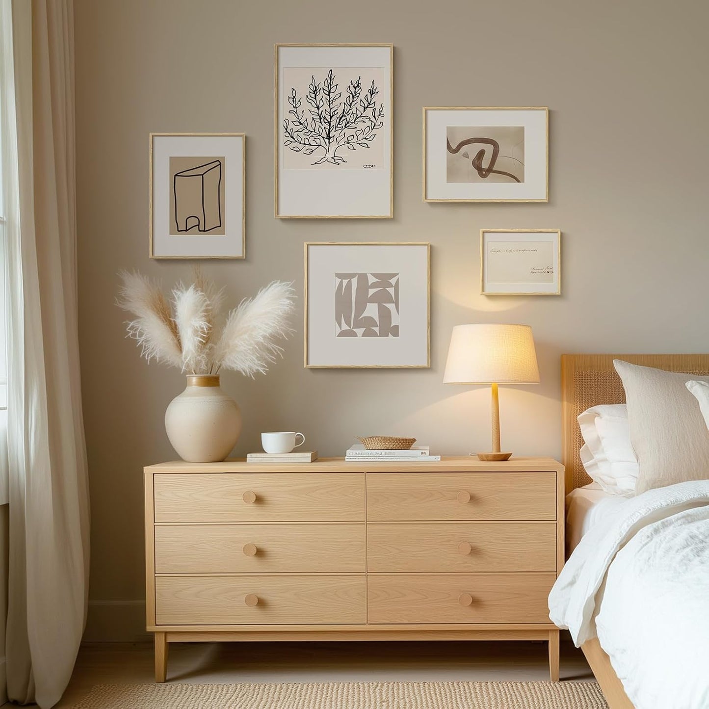 Framed Matisse Abstract Neutral Wall Art, 5 Piece Large Beige Canvas Prints Set, Modern Minimalist Geometric Botanical Paintings for Living Room, Bedroom, Hallway, Home Office, Guest Room