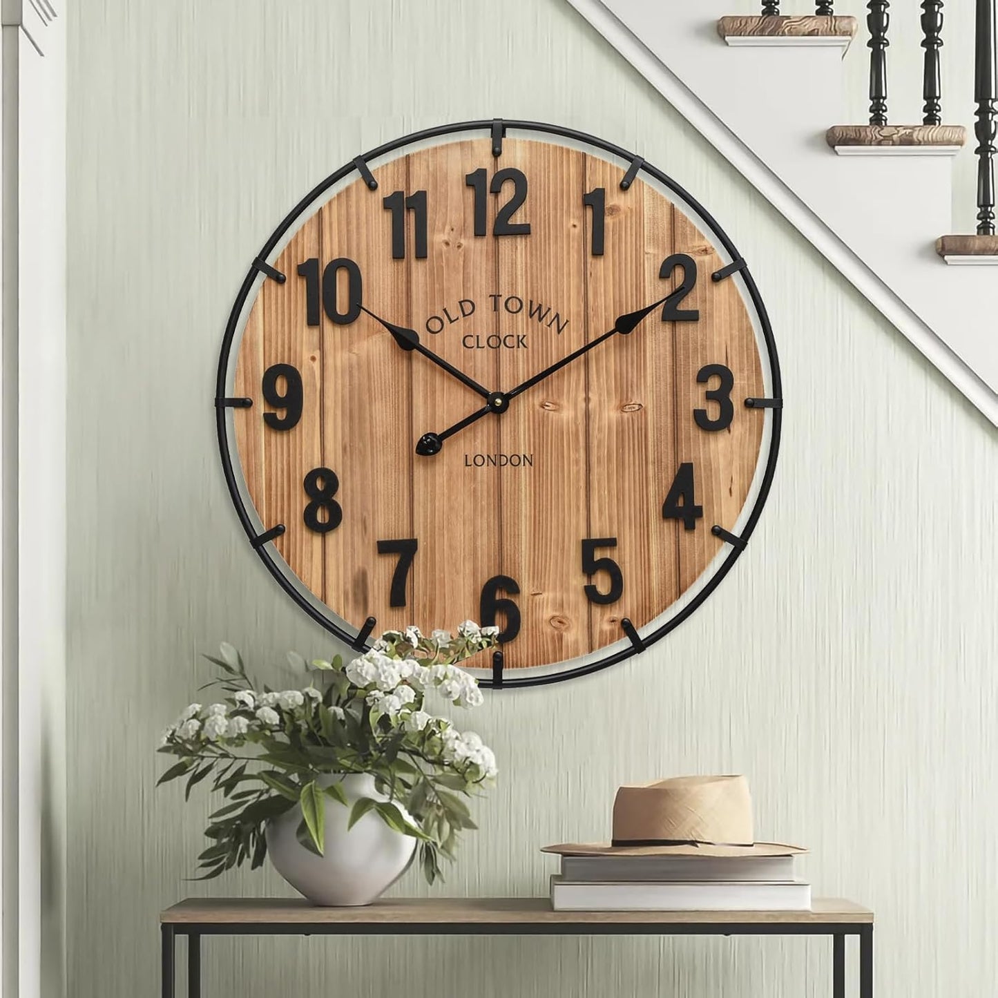 20 Inch Farmhouse Wall Clock Large Old Town Vintage Rustic Wooden Clock with Metal Rim and Large Numerals, Silent Battery-Operated for Office, Kitchen, Bedroom, and Living Room