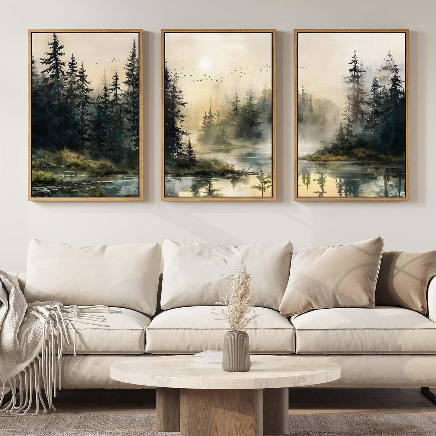 Framed Netural Wall Art for Living Room, Large 3 Piece Abstract Pastel Grunge Forest Landscape Tree Canvas Artwork Set, Modern Art Decorative Nordic Painting Picture Prints for Hallway Office 24x36 In
