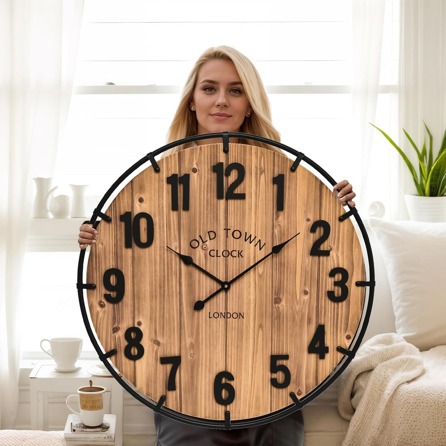 24 Inch Farmhouse Wall Clock Large Old Town Vintage Rustic Wooden Clock with Metal Rim and Large Numerals, Silent Battery-Operated for Office, Kitchen, Bedroom, and Living Room