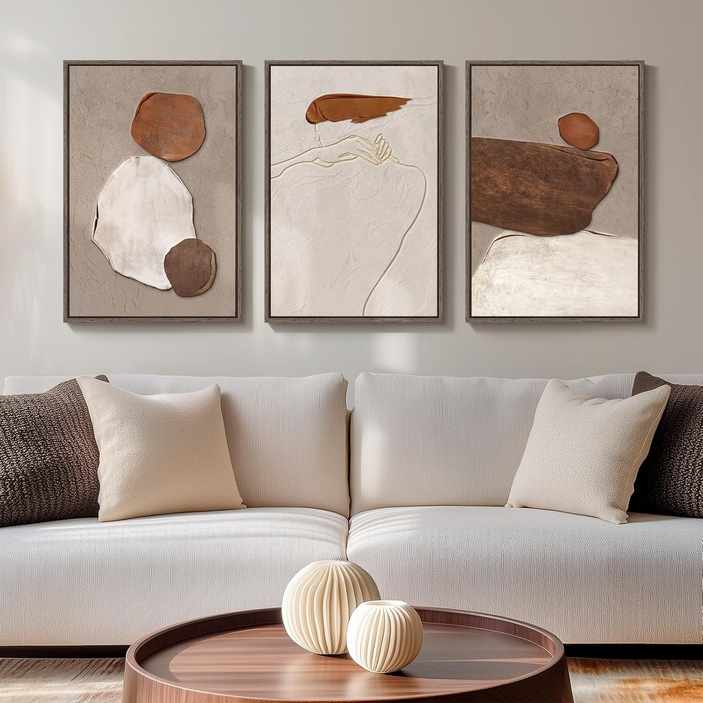 Framed Neutral Abstract Wall Art, Set of 3 Modern Canvas Prints Paintings Artwork for Walls, Minimalist Black and Beige Pictures for Living Room Hallway Stair Bedroom Office Wall Decor 16x24 Inch