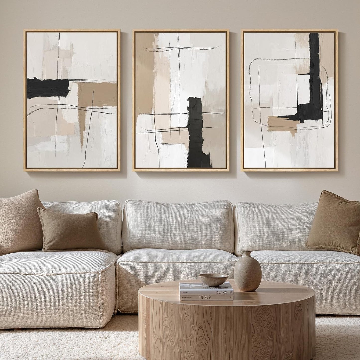 Large Framed Neutral Abstract Wall Art for Living Room, 3 Piece Modern Canvas Prints Paintings Artwork for Walls, Black Beige Brown Neutral Tone Pictures for Hallway Bedroom Office Wall Decor 24x36 In
