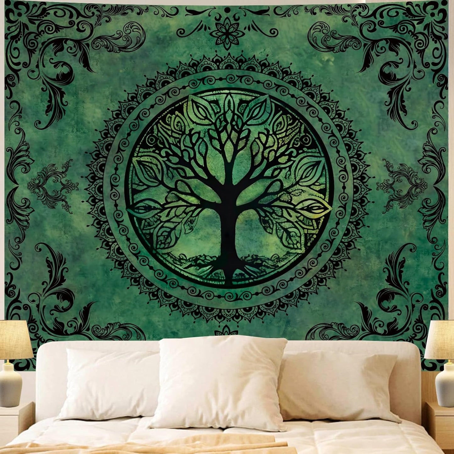 Extra Large Green Nature Tapestry for Bedroom Aesthetic, Big Hippie Ceiling Tree of Life Decor Tapestries Wall Hanging, Oversized Boho Bohemian Mandala Art Backdrop for Dorm Living Room (71"X90")