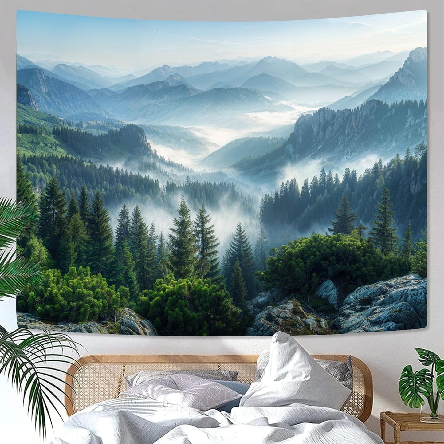 AMM Nature Forest Mountain Tapestry Green Pine Tree Tapestry for Bedroom Aesthetic White Clouds Flowing River Landscape Classroom Tapestries Wall Hanging for Living Room Dorm Office