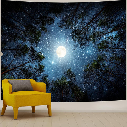 Extra Large Galaxy Forest Tapestry for Bedroom Ceiling, Big Space Night Starry Sky Blue Tapestry Aesthetic, Oversized Milky Way Moon Stars Backdrop Wall Hanging for Dorm Living Room Decor (98"X118")