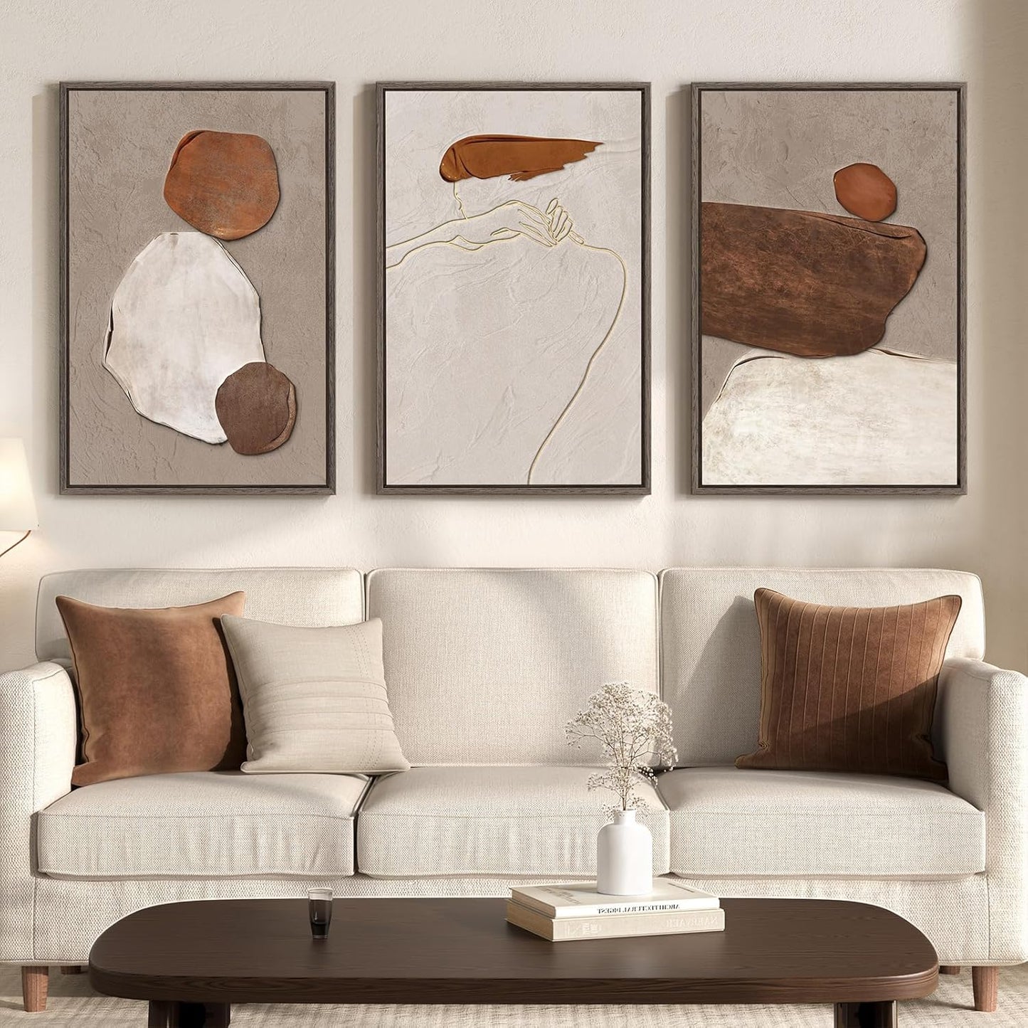 Framed Neutral Abstract Wall Art, Set of 3 Modern Canvas Prints Paintings Artwork for Walls, Minimalist Black and Beige Pictures for Living Room Hallway Stair Bedroom Office Wall Decor 16x24 Inch