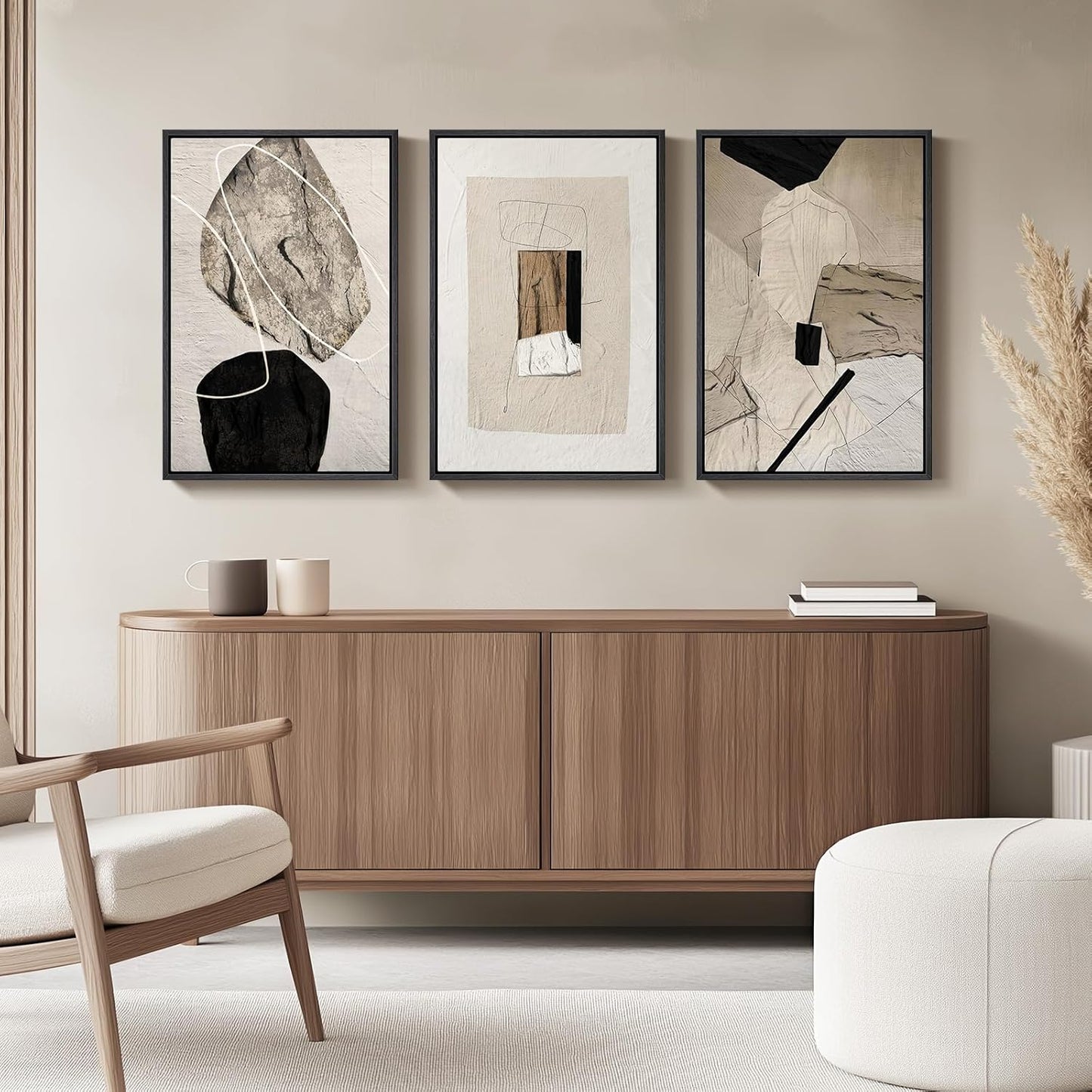 Framed Neutral Abstract Wall Art, Set of 3 Modern Canvas Prints Paintings Artwork for Walls, Minimalist Black and Beige Pictures for Living Room Hallway Stair Bedroom Office Wall Decor 16x24 Inch