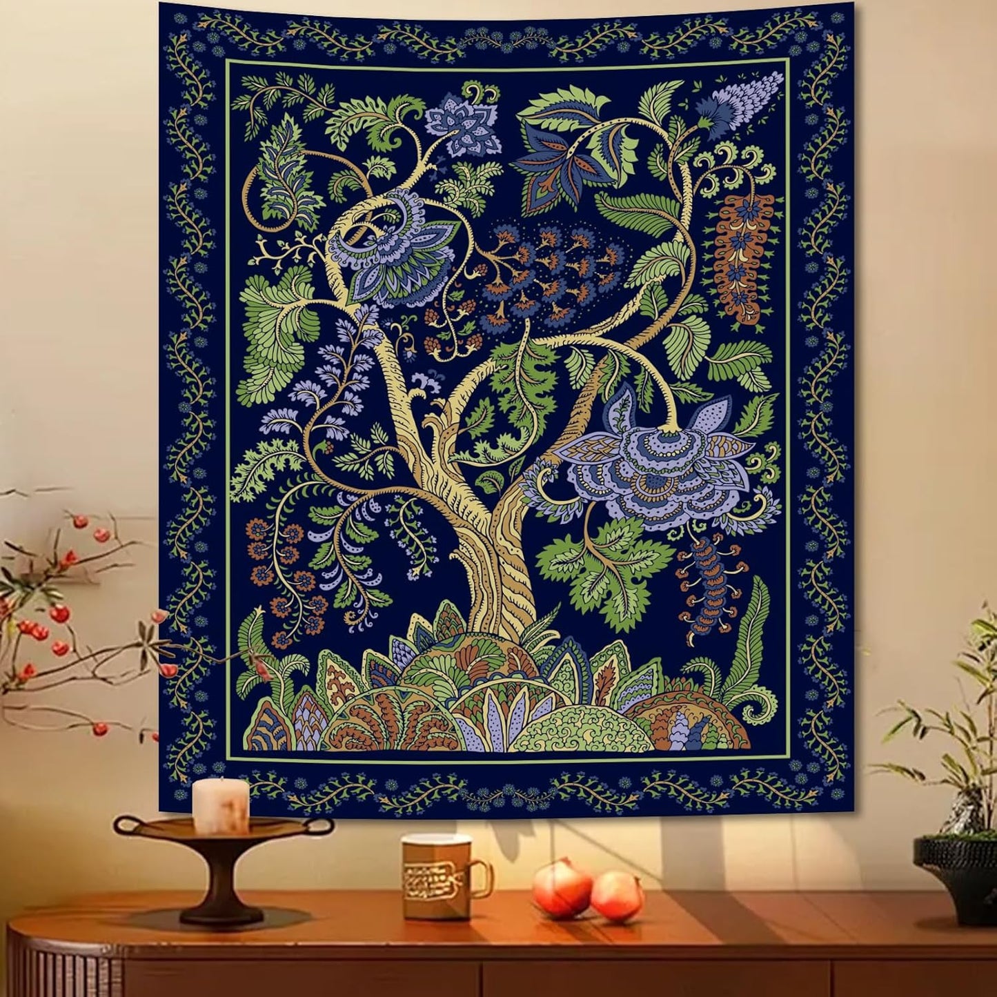 Extra Large Green Nature Tapestry for Bedroom Aesthetic, Big Hippie Ceiling Tree of Life Decor Tapestries Wall Hanging, Oversized Boho Bohemian Mandala Art Backdrop for Dorm Living Room (71"X90")