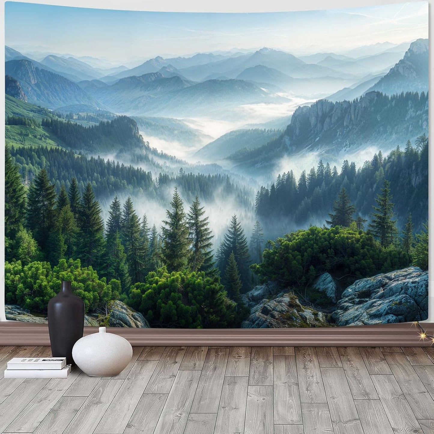 AMM Nature Forest Mountain Tapestry Green Pine Tree Tapestry for Bedroom Aesthetic White Clouds Flowing River Landscape Classroom Tapestries Wall Hanging for Living Room Dorm Office