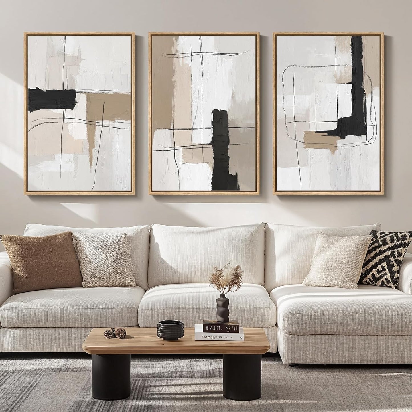 Large Framed Neutral Abstract Wall Art for Living Room, 3 Piece Modern Canvas Prints Paintings Artwork for Walls, Black Beige Brown Neutral Tone Pictures for Hallway Bedroom Office Wall Decor 24x36 In