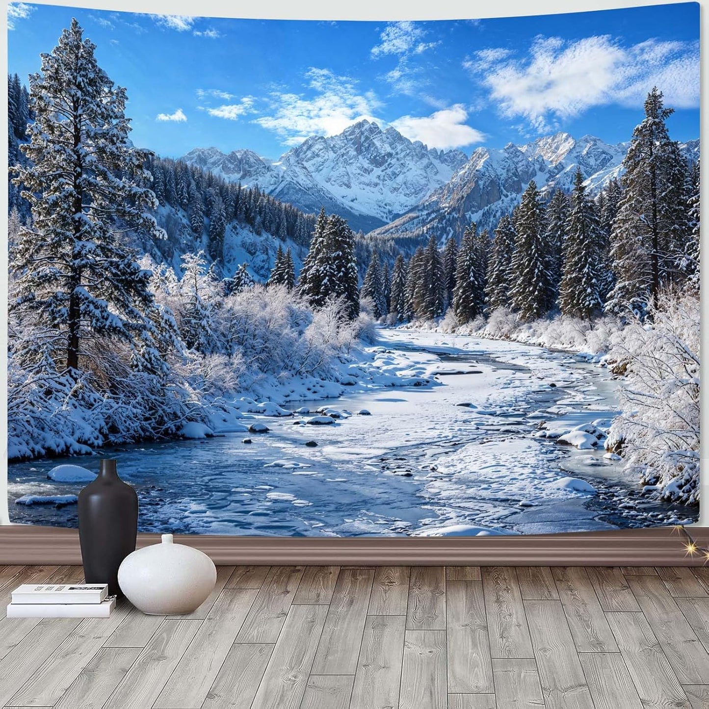 AMM Nature Forest Mountain Tapestry Green Pine Tree Tapestry for Bedroom Aesthetic White Clouds Flowing River Landscape Classroom Tapestries Wall Hanging for Living Room Dorm Office