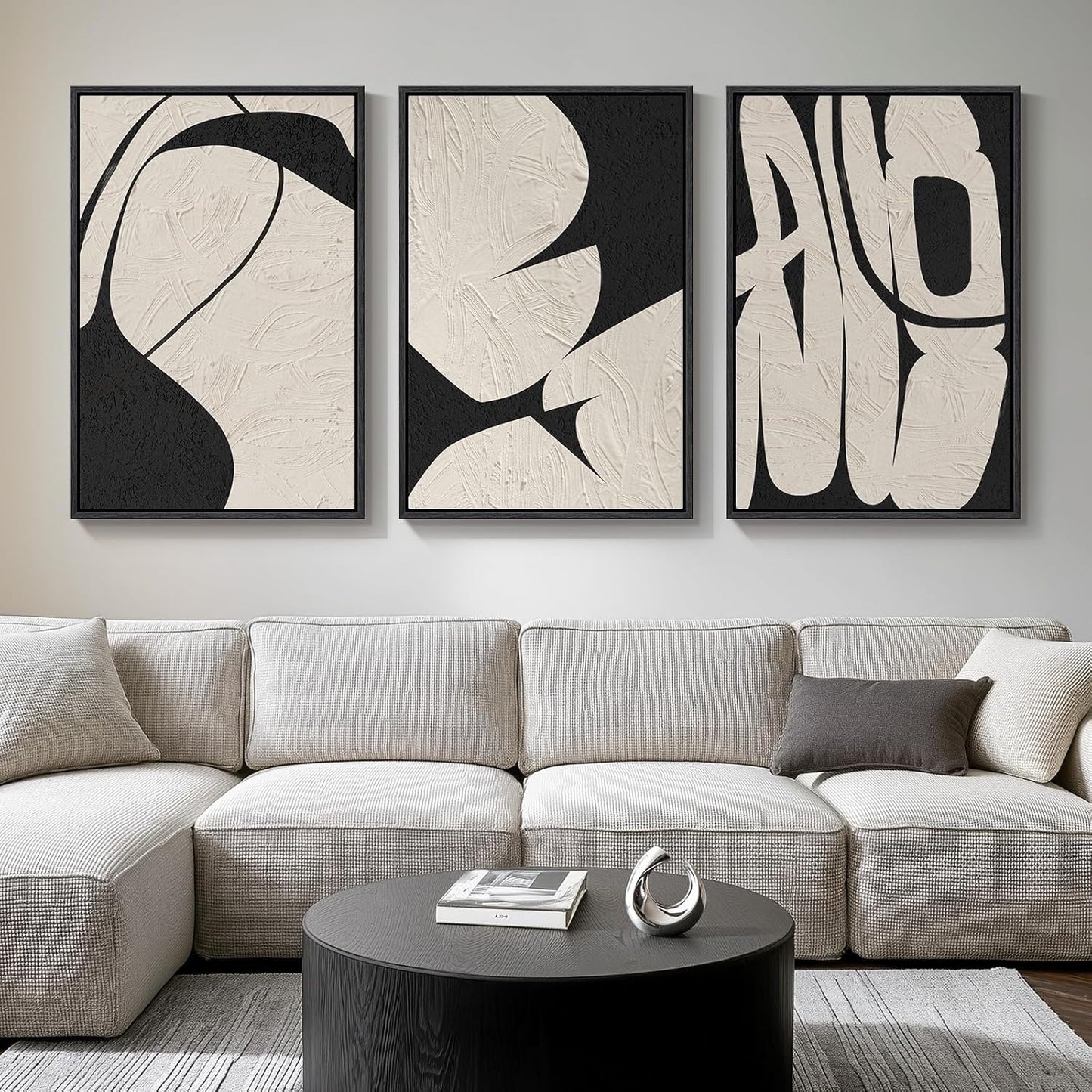 Large Framed Neutral Abstract Wall Art for Living Room, 3 Piece Modern Canvas Prints Paintings Artwork for Walls, Black Beige Brown Neutral Tone Pictures for Hallway Bedroom Office Wall Decor 24x36 In