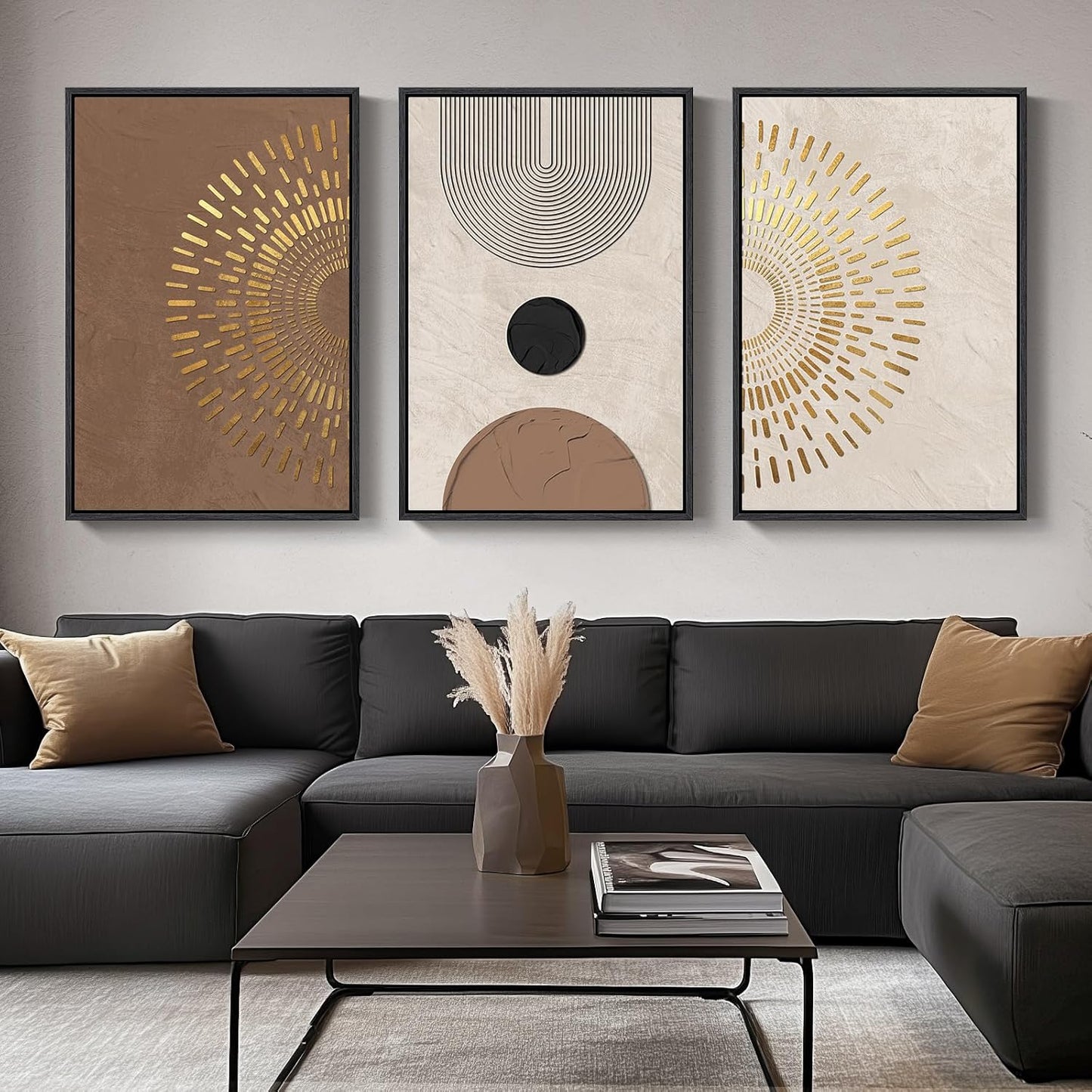 Framed Neutral Abstract Wall Art, Set of 3 Modern Canvas Prints Paintings Artwork for Walls, Minimalist Black and Beige Pictures for Living Room Hallway Stair Bedroom Office Wall Decor 16x24 Inch
