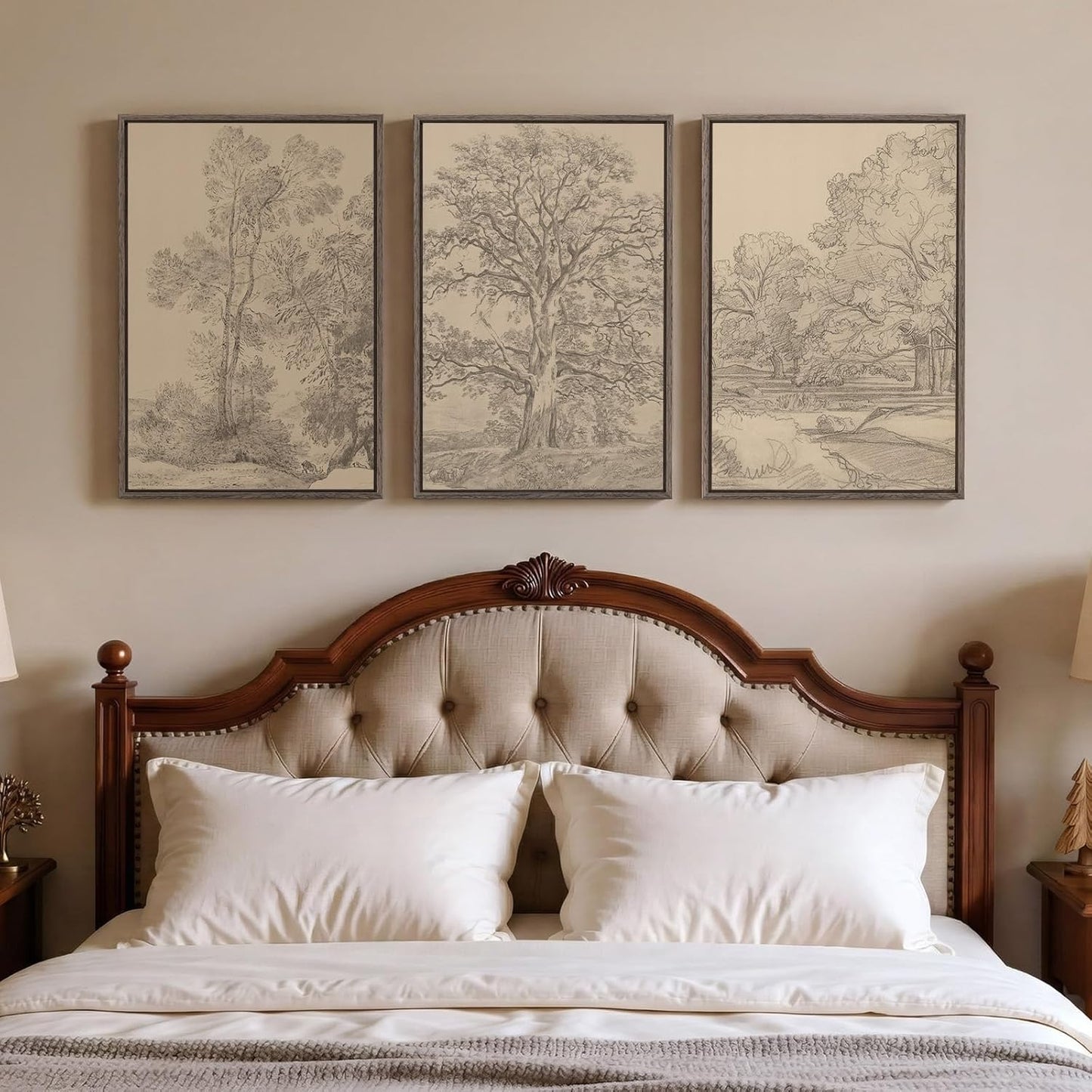 Framed Netural Wall Art for Living Room, Large 3 Piece Abstract Pastel Grunge Forest Landscape Tree Canvas Artwork Set, Modern Art Decorative Nordic Painting Picture Prints for Hallway Office 24x36 In