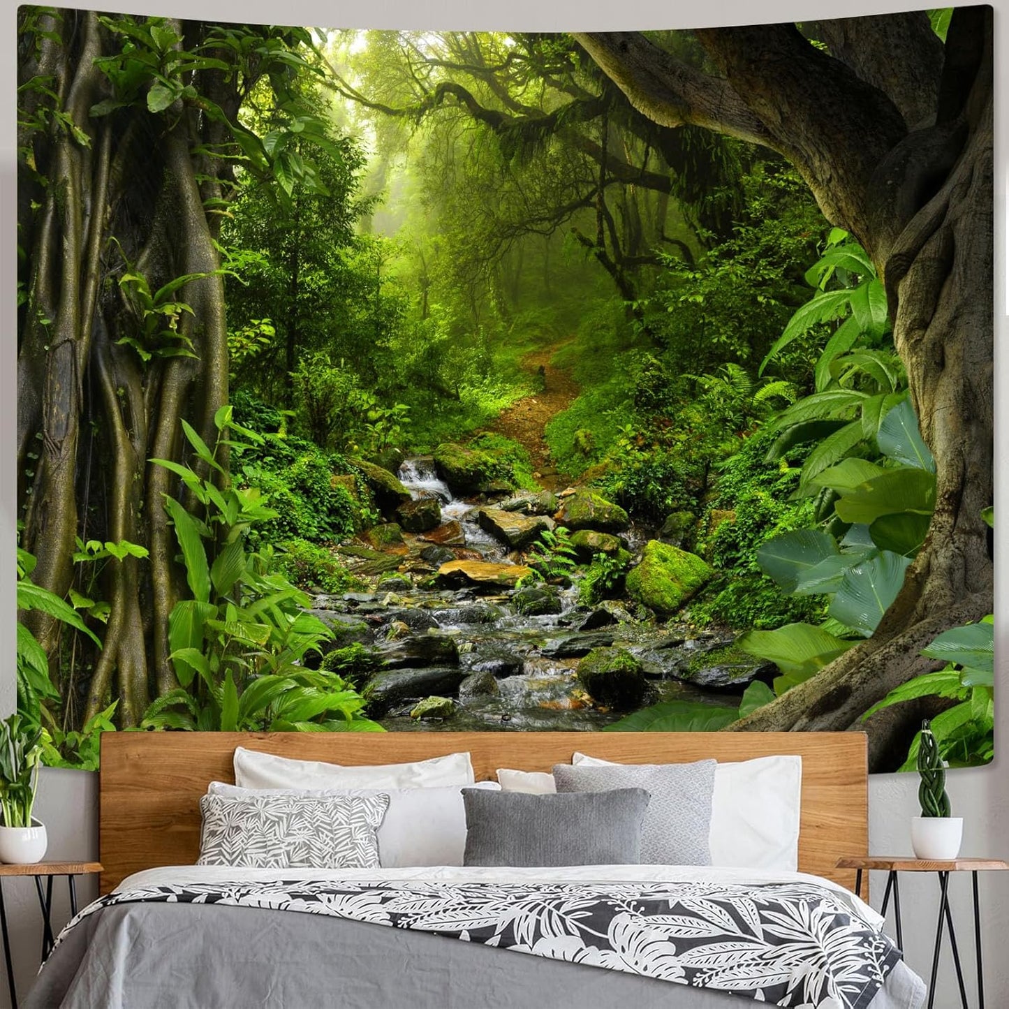 AMM Nature Forest Mountain Tapestry Green Pine Tree Tapestry for Bedroom Aesthetic White Clouds Flowing River Landscape Classroom Tapestries Wall Hanging for Living Room Dorm Office