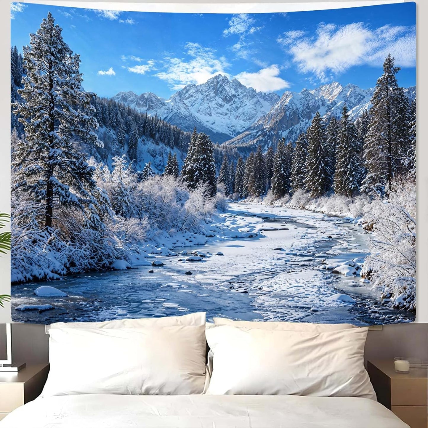 AMM Nature Forest Mountain Tapestry Green Pine Tree Tapestry for Bedroom Aesthetic White Clouds Flowing River Landscape Classroom Tapestries Wall Hanging for Living Room Dorm Office
