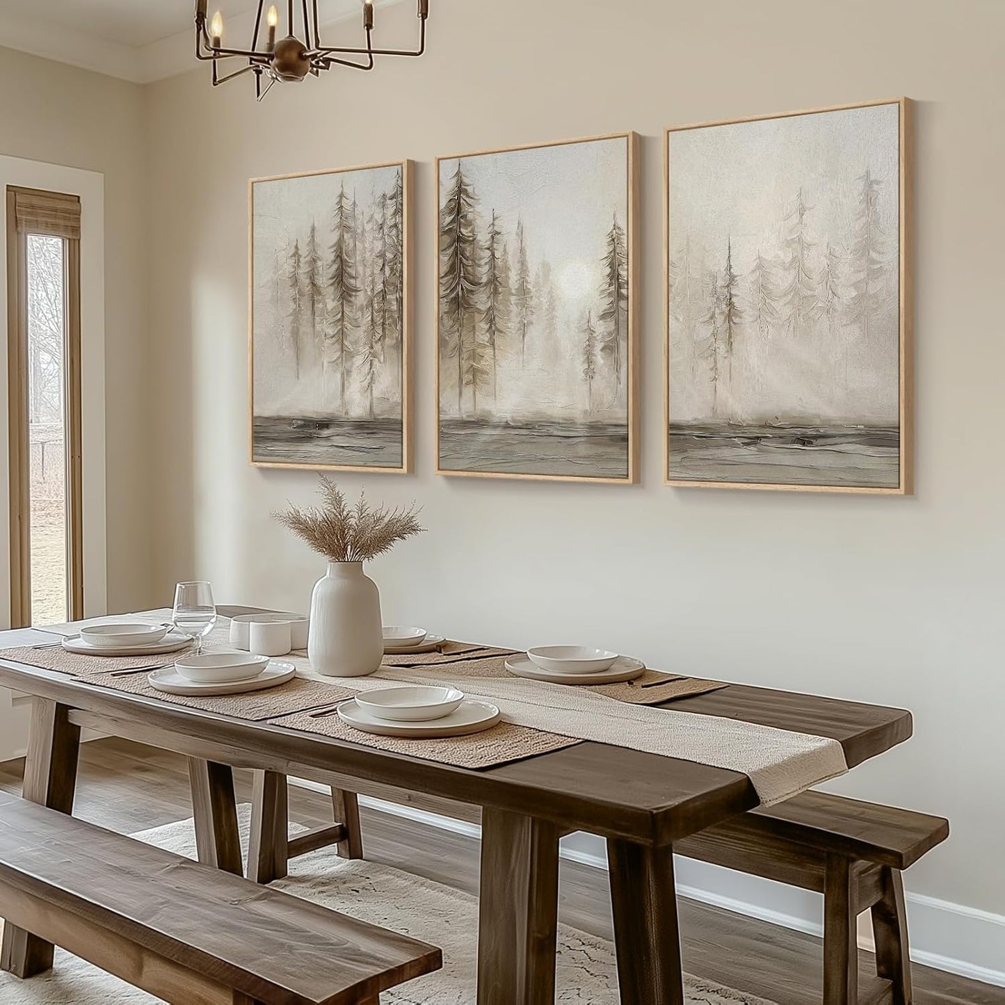 Framed Netural Wall Art for Living Room, Large 3 Piece Abstract Pastel Grunge Forest Landscape Tree Canvas Artwork Set, Modern Art Decorative Nordic Painting Picture Prints for Hallway Office 24x36 In