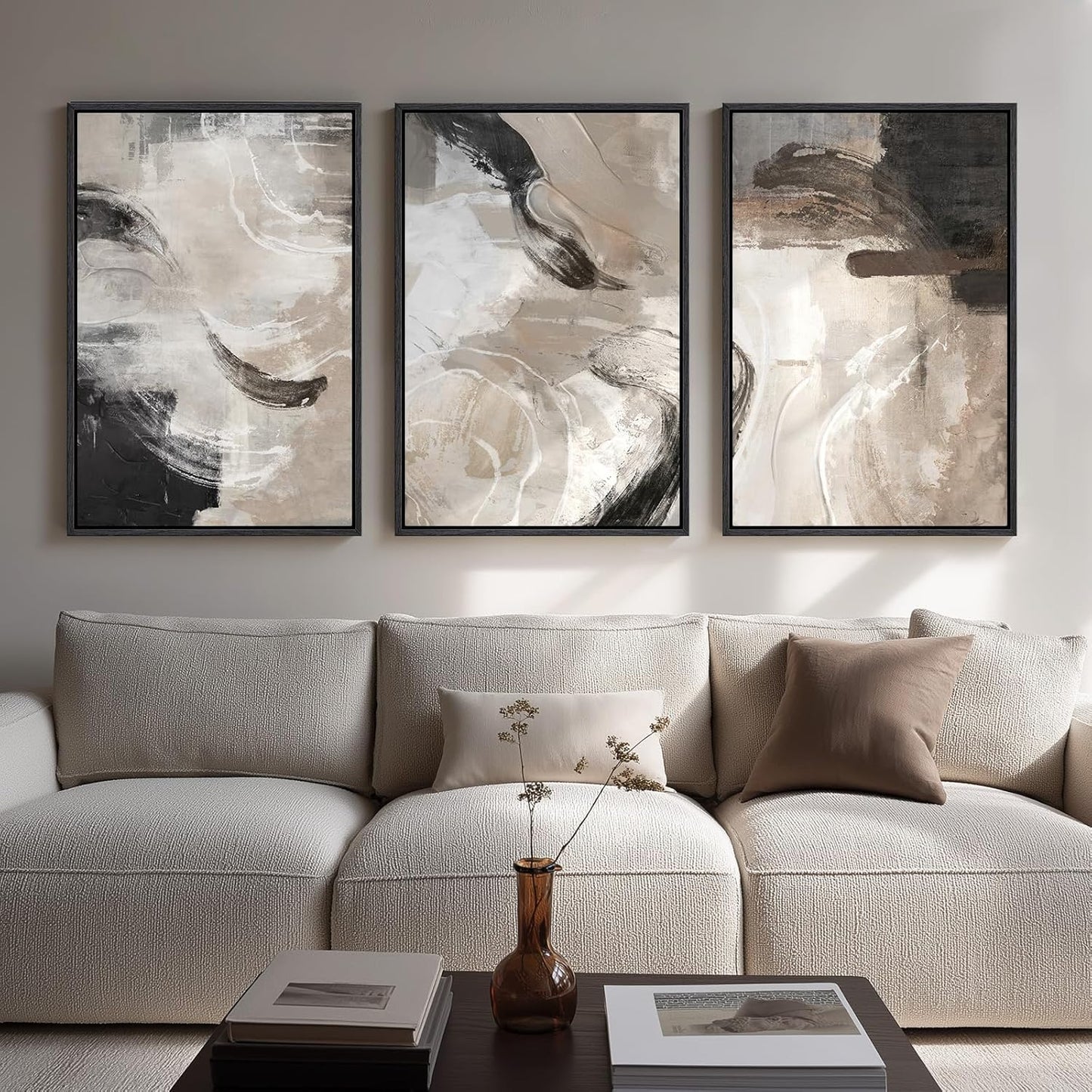 Framed Neutral Abstract Wall Art, Set of 3 Modern Canvas Prints Paintings Artwork for Walls, Minimalist Black and Beige Pictures for Living Room Hallway Stair Bedroom Office Wall Decor 16x24 Inch