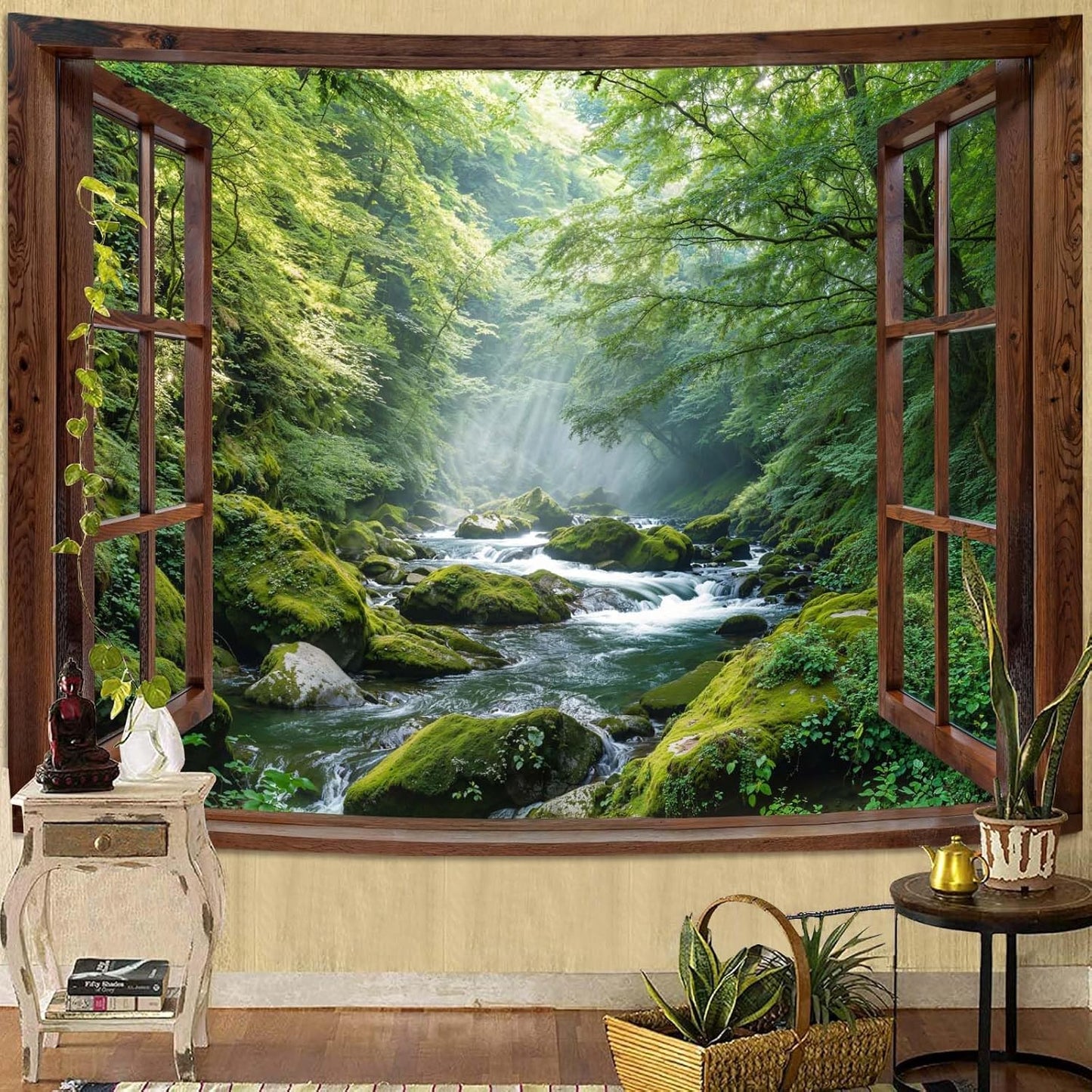 Lunerfex Tyndall Effect Forest Nature Tapestry, Sunlight Streaming Through Trees Wall Hanging for Bedroom and Living Room Decor, 7090 Inches