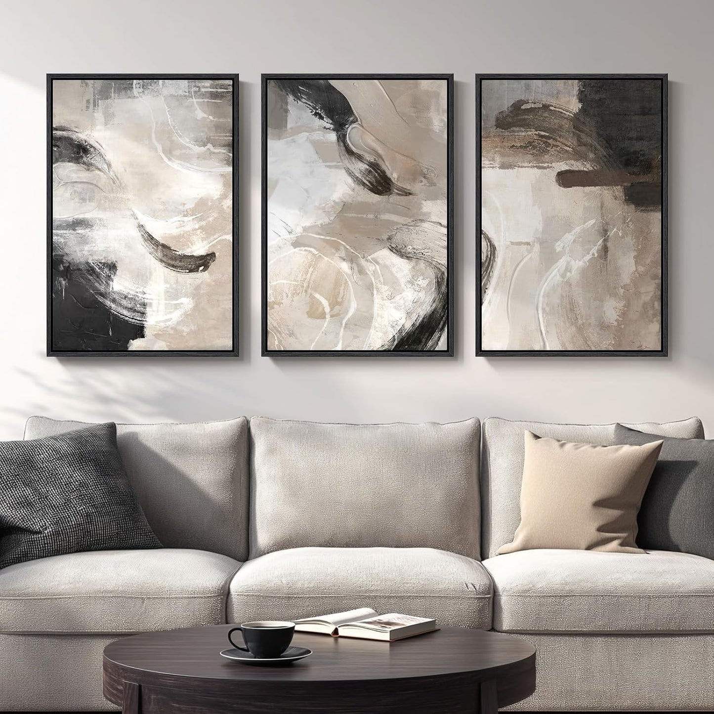 Large Framed Neutral Abstract Wall Art for Living Room, 3 Piece Modern Canvas Prints Paintings Artwork for Walls, Black Beige Brown Neutral Tone Pictures for Hallway Bedroom Office Wall Decor 24x36 In