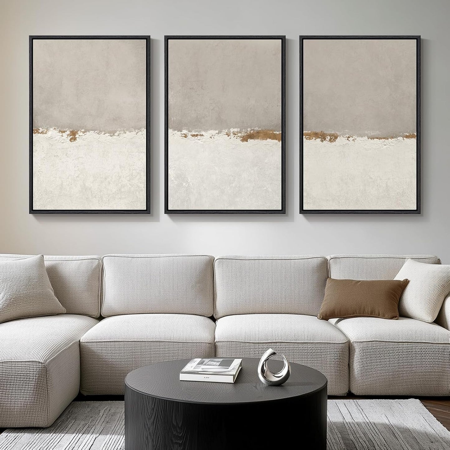 Large Framed Neutral Abstract Wall Art for Living Room, 3 Piece Modern Canvas Prints Paintings Artwork for Walls, Black Beige Brown Neutral Tone Pictures for Hallway Bedroom Office Wall Decor 24x36 In