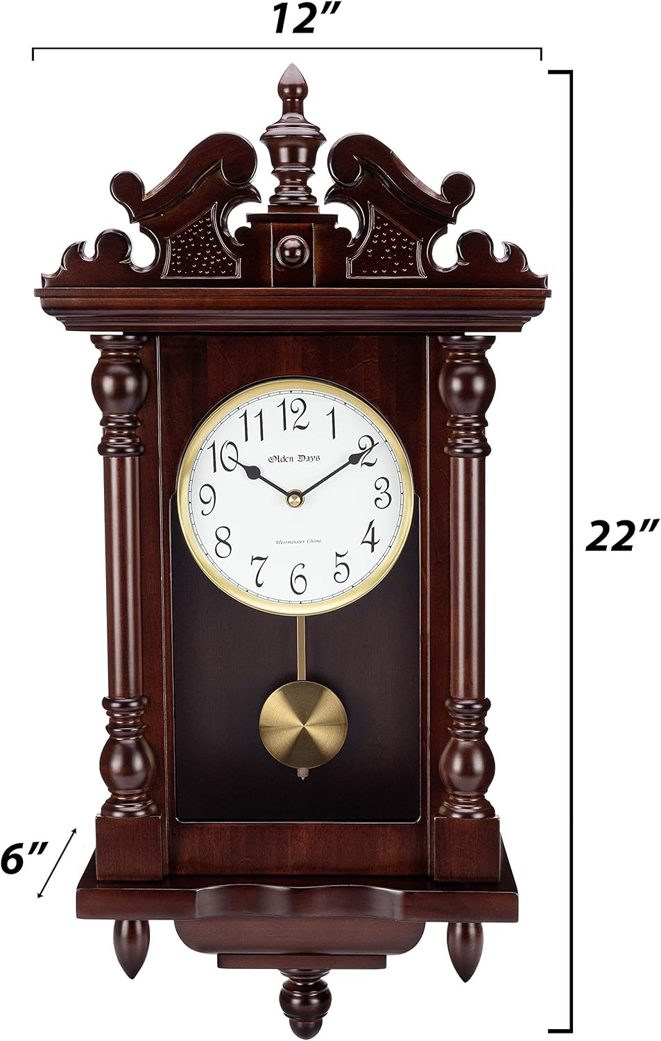 Wall Clock with Real Wood, 4 Chime Options, Swinging Pendulum, Antique Vintage Design, 22" Large