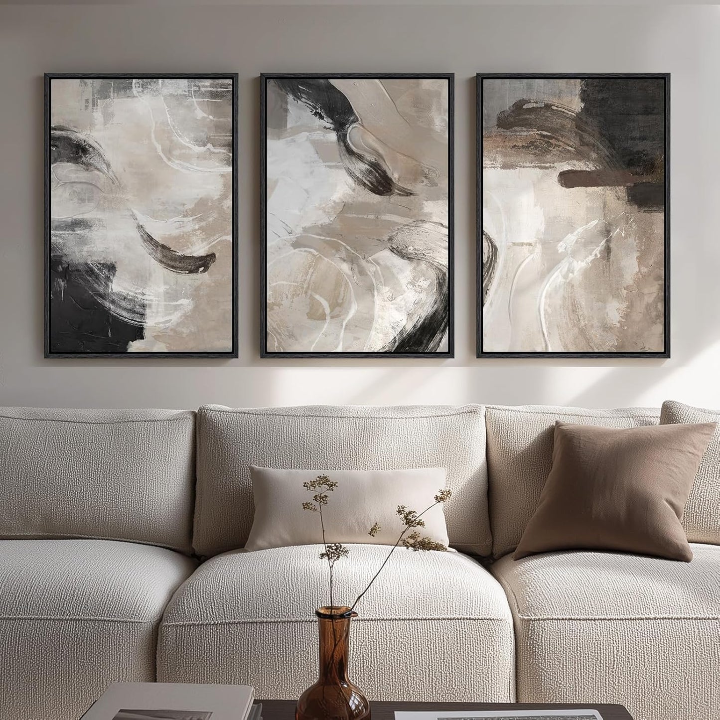 Large Framed Neutral Abstract Wall Art for Living Room, 3 Piece Modern Canvas Prints Paintings Artwork for Walls, Black Beige Brown Neutral Tone Pictures for Hallway Bedroom Office Wall Decor 24x36 In