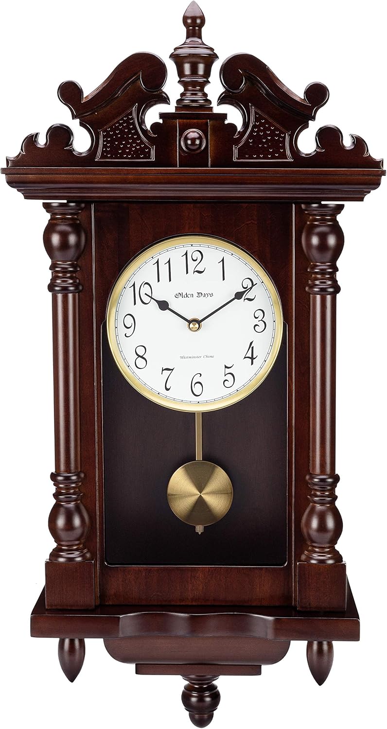 Wall Clock with Real Wood, 4 Chime Options, Swinging Pendulum, Antique Vintage Design, 22" Large