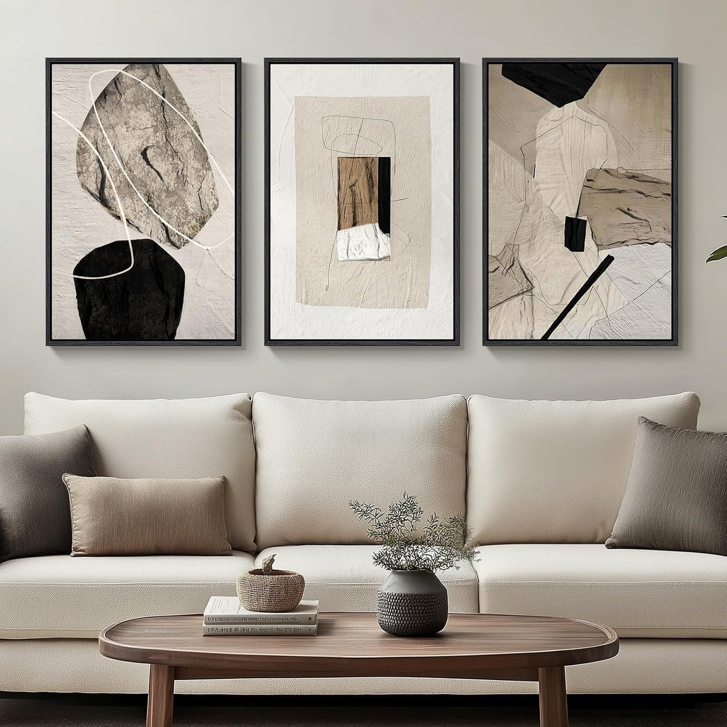 Large Framed Neutral Abstract Wall Art for Living Room, 3 Piece Modern Canvas Prints Paintings Artwork for Walls, Black Beige Brown Neutral Tone Pictures for Hallway Bedroom Office Wall Decor 24x36 In