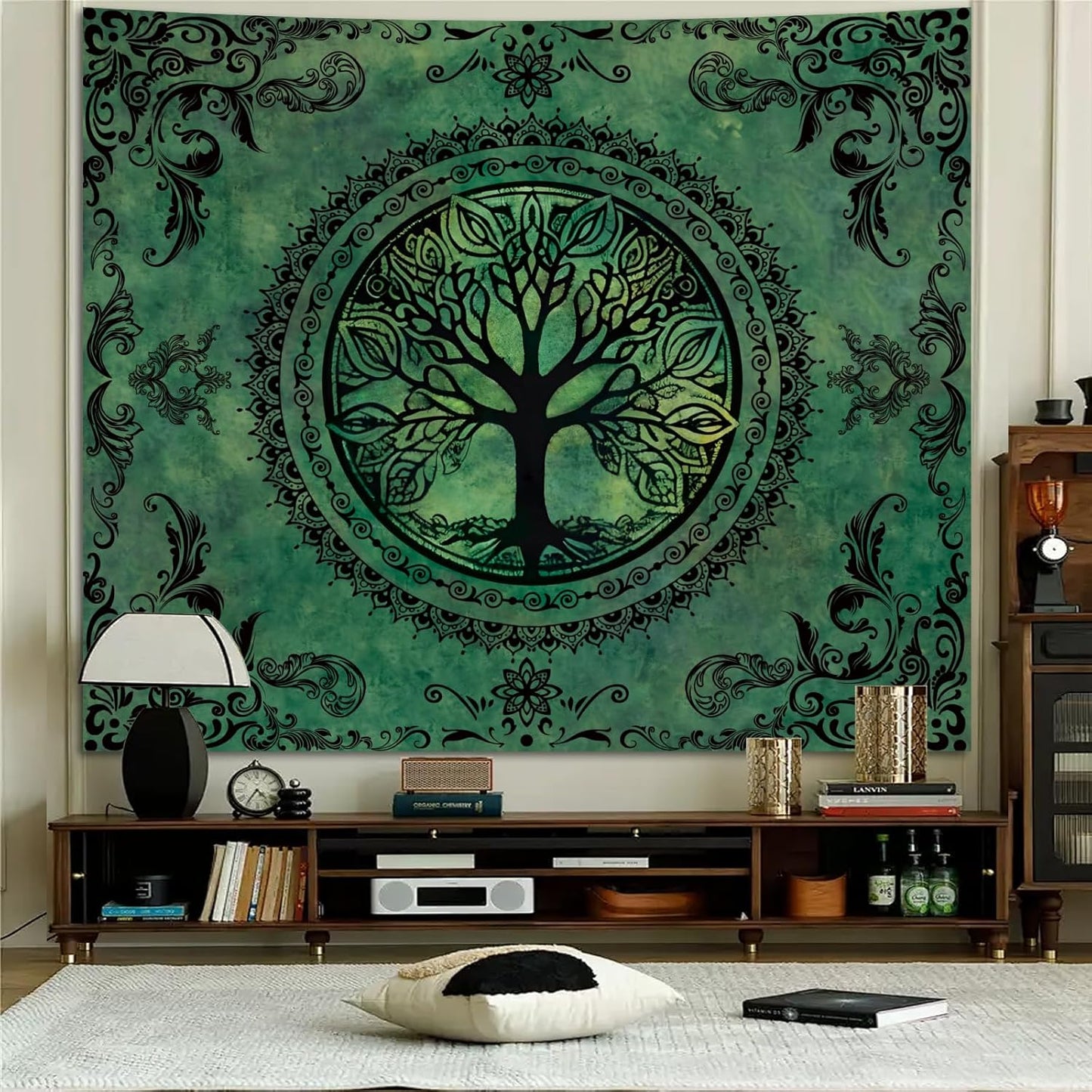 Extra Large Green Nature Tapestry for Bedroom Aesthetic, Big Hippie Ceiling Tree of Life Decor Tapestries Wall Hanging, Oversized Boho Bohemian Mandala Art Backdrop for Dorm Living Room (71"X90")
