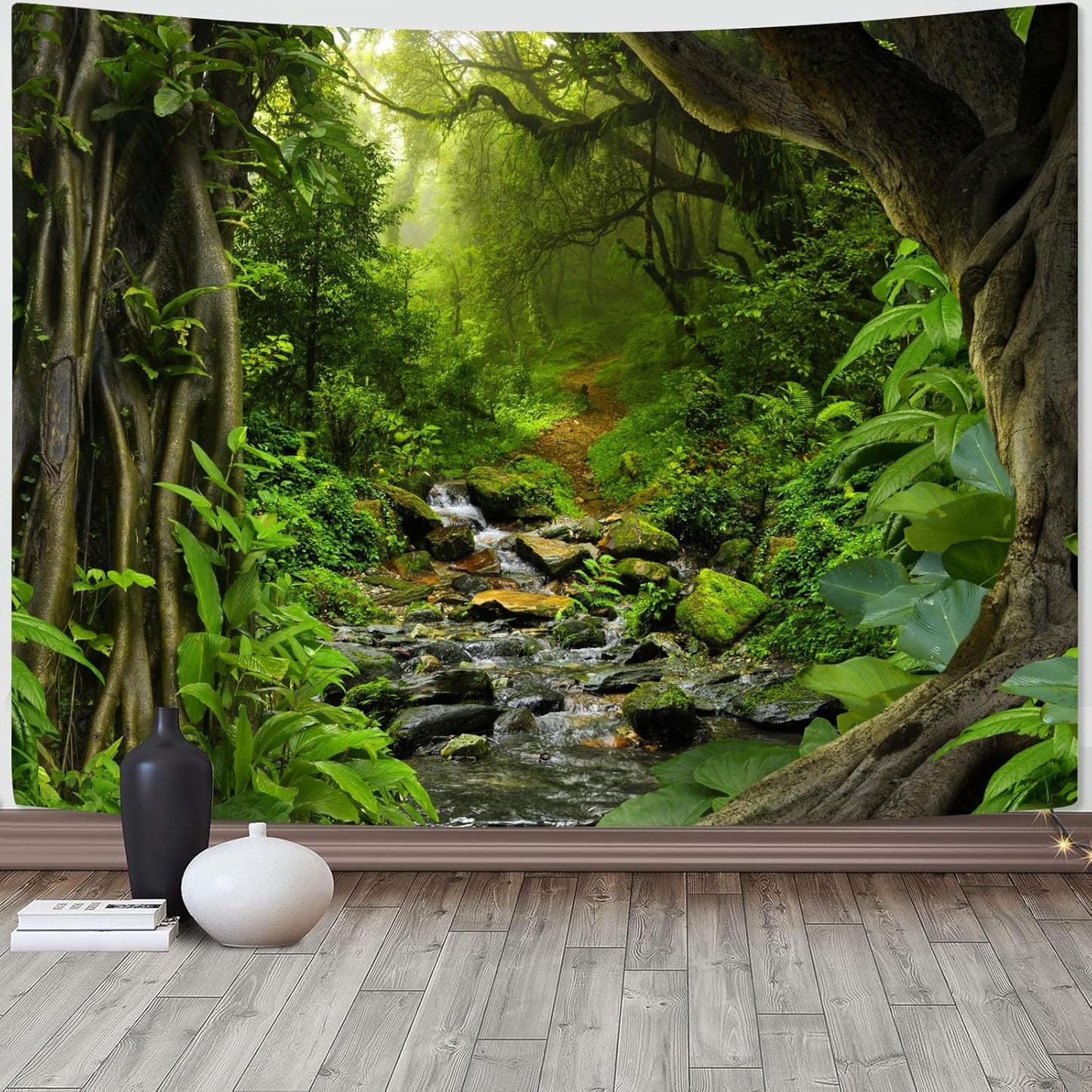AMM Nature Forest Mountain Tapestry Green Pine Tree Tapestry for Bedroom Aesthetic White Clouds Flowing River Landscape Classroom Tapestries Wall Hanging for Living Room Dorm Office