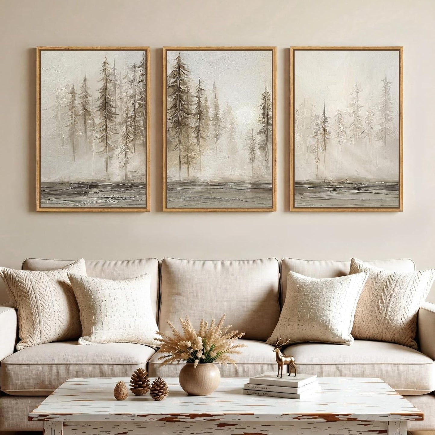 Framed Netural Wall Art for Living Room, Large 3 Piece Abstract Pastel Grunge Forest Landscape Tree Canvas Artwork Set, Modern Art Decorative Nordic Painting Picture Prints for Hallway Office 24x36 In